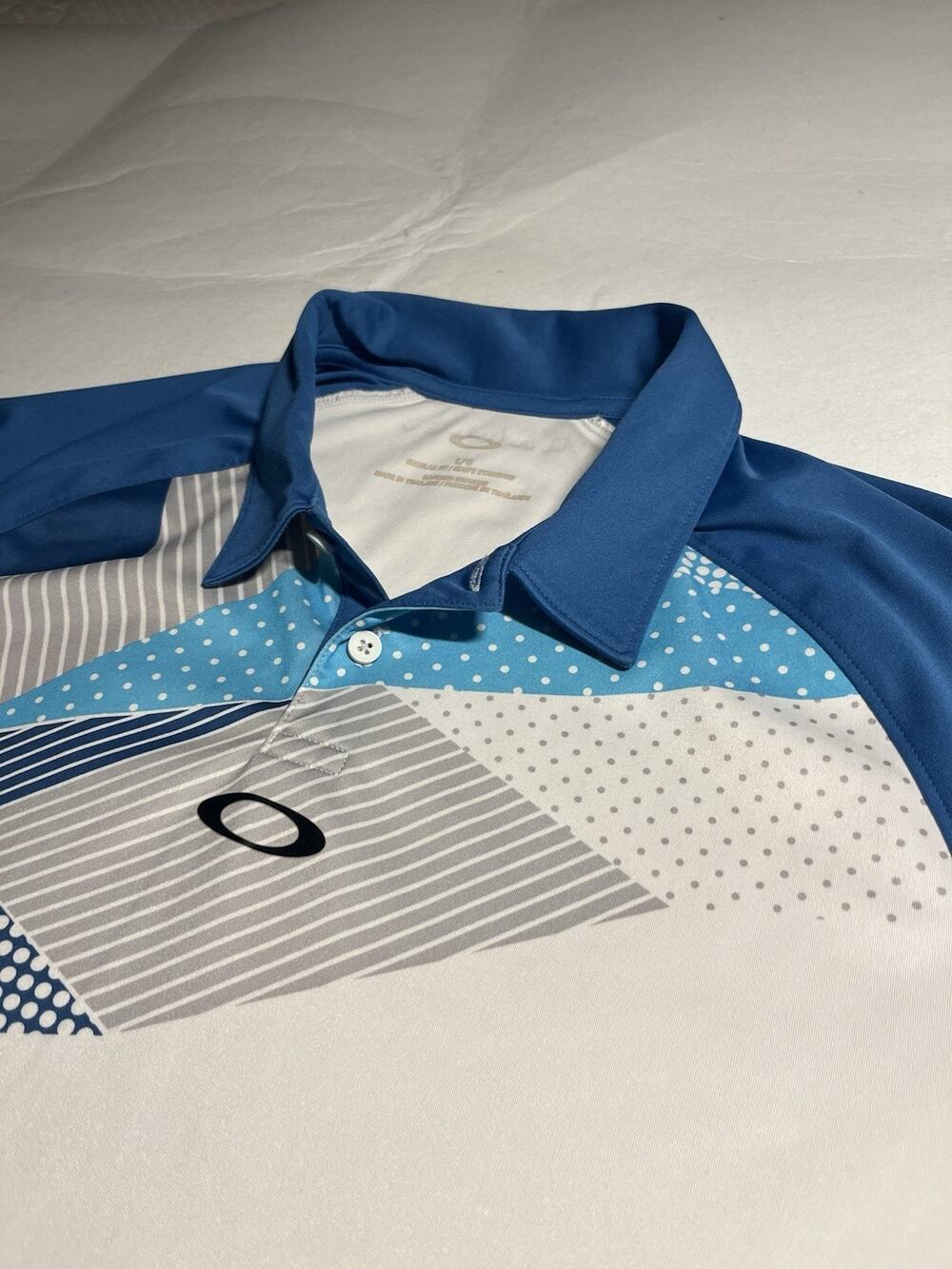 Oakley Golf Men’s L Blue White Geometric Polo Shirt Eyewear Functional System